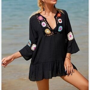 Black Crochet  Sheer Deep V‎ Swim Cover Up